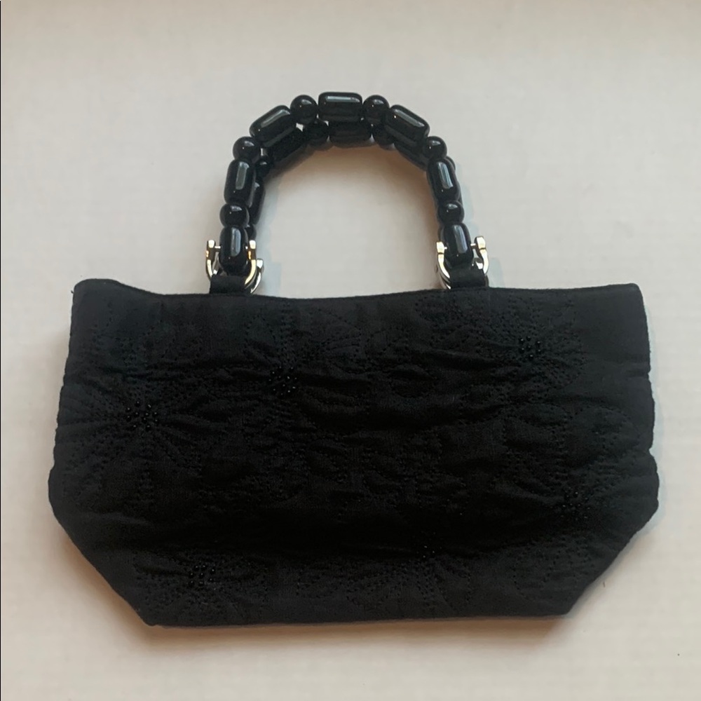 Talbots Chic Black Quilted Bucket Floral Detailed Handbag with Beaded Handle